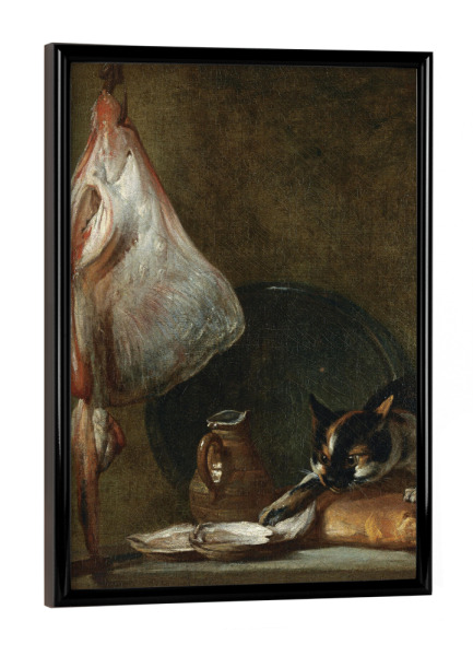 Poster mit schwarzem Rahmen "Stillleben mit Katze und Rochen" artboxONE - Tiere,Essen & Trinken