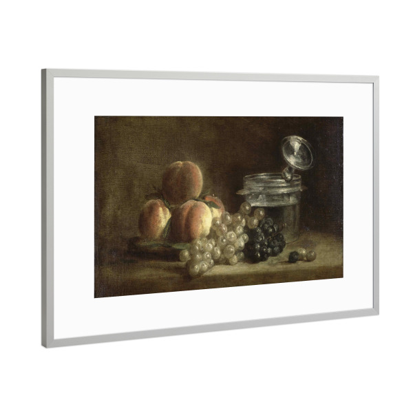 Poster mit Rahmen Silber "Pfirsiche und Trauben" artboxONE - Essen & Trinken,Essen & Trinken / Obst & Gemüse