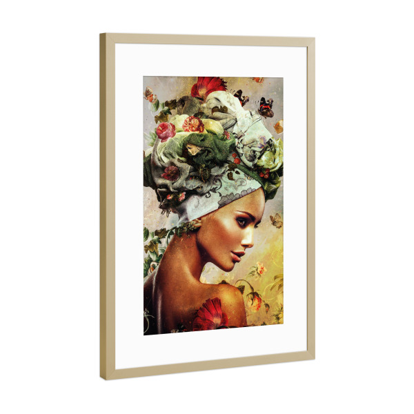 Poster mit Rahmen Gold "Blumenfrau rechts" artboxONE - Floral,Menschen - Frau,Frauengesicht,Frauenkopf,Frauenporträt,Blumen,Blumenfrau