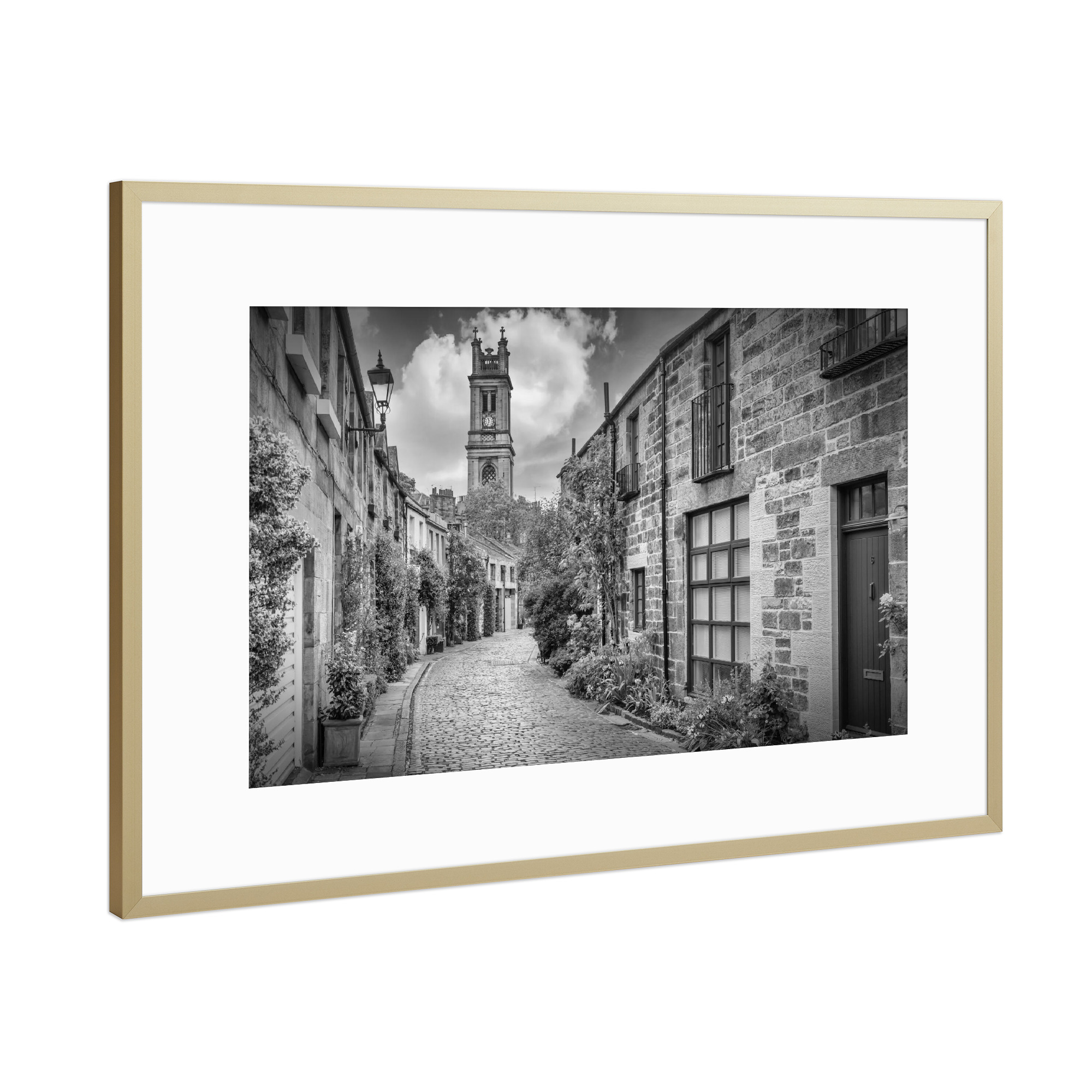 Poster mit Rahmen Gold "Circus Lane Edinburgh Monochrom" artboxONE - Städte,Schwarzweiß,Architektur