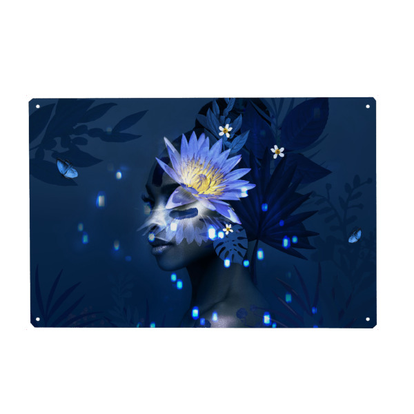 Metall Poster "Frau Blumenlicht" artboxONE - Natur,Abstrakt,Menschen - Abstrakt,Blume,Frau blume,Mädchen,Mädchen blume,Licht,Pflanze,Natur,Blau