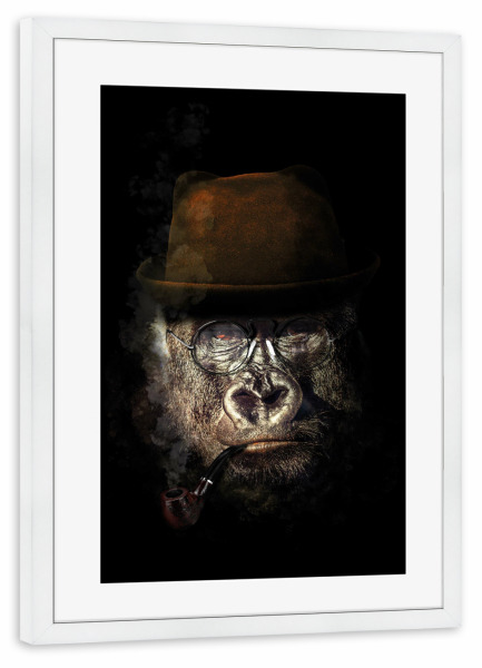 Poster mit Rahmen weiß "Klasse Gorilla" artboxONE - Tiere - Gorilla,Gorilla mit hut,Affe mit hut,Affe,Edles tier,Tier