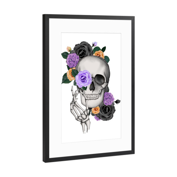 Poster mit Rahmen Schwarz (Metallic) "Schädel mit Blumen-Grafik" artboxONE - Floral,Festivals,Halloween