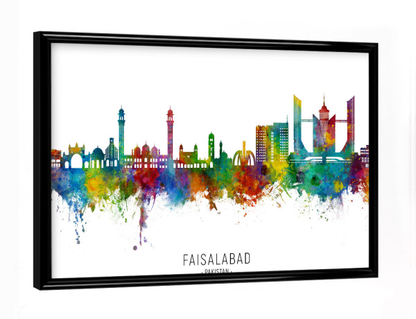 Poster mit schwarzem Rahmen "Faisalabad Pakistan Skyline txt" artboxONE - Städte - Faisalabad,Pakistan,Skyline,Stadtbild,Stadtbild,Aquarell,Malerei