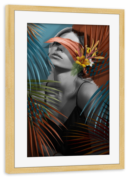 Poster mit Rahmen kiefer "Frau Blumen- und Blattfarben" artboxONE - Natur,Abstrakt,Menschen
