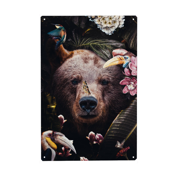 Holzbild "Dschungelbär" artboxONE - Natur,Floral,Tiere - Bär,Dschungel,Wald,Blumen,Nashornvogel,Tropische vögel,Braunbär