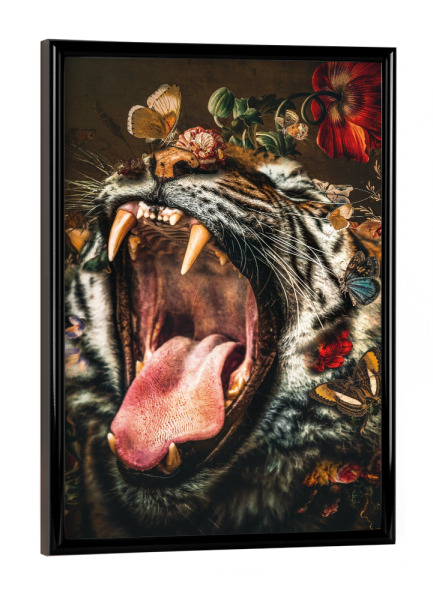 Poster mit schwarzem Rahmen "Weinlese-Tiger" artboxONE - Floral,Tiere - Tiger,Vintage,Tiger,Blumen,Gebrüll,Tier
