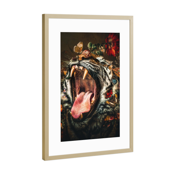 Poster mit Rahmen Gold "Weinlese-Tiger" artboxONE - Floral,Tiere - Tiger,Vintage,Tiger,Blumen,Gebrüll,Tier