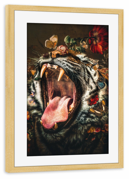 Poster mit Rahmen kiefer "Weinlese-Tiger" artboxONE - Floral,Tiere - Tiger,Vintage,Tiger,Blumen,Gebrüll,Tier