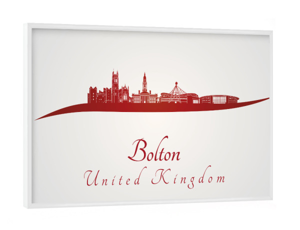 Poster mit weißem Rahmen "Bolton-Skyline in Rot" artboxONE - Städte,Architektur