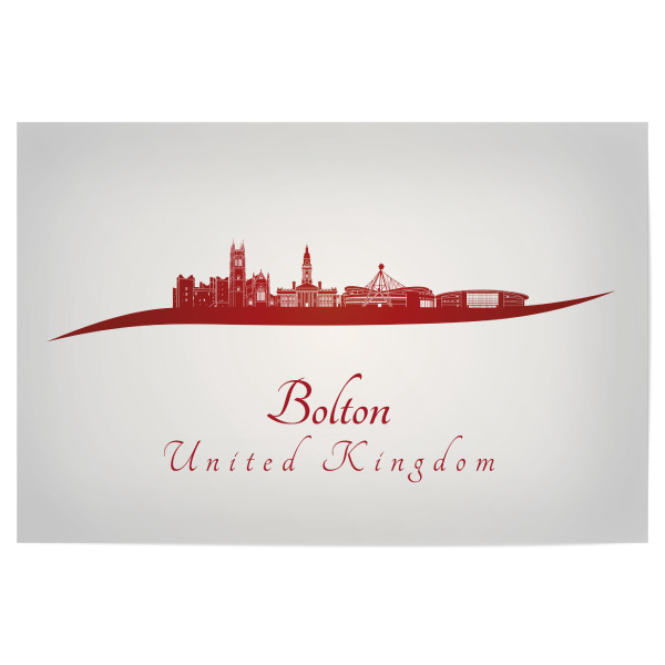 Poster "Bolton-Skyline in Rot" artboxONE - Städte,Architektur - Skyline,Stadt,Reisen,Denkmäler,Turm,Metropole,Souvenir,Urlaub,Rot,Bolton