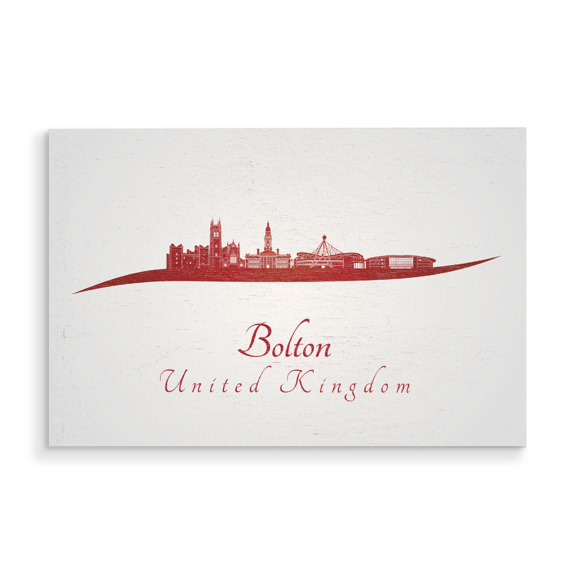 Holzbild "Bolton-Skyline in Rot" artboxONE - Städte,Architektur - Skyline,Stadt,Reisen,Denkmäler,Turm,Metropole,Souvenir,Urlaub,Rot,Bolton