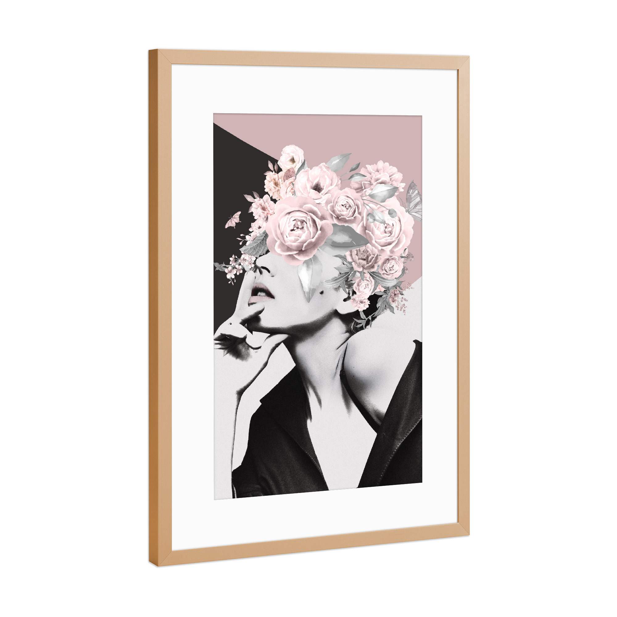 Poster mit Rahmen Kupfer "Frau Blume Rosa" artboxONE - Natur,Abstrakt,Menschen - Frau,Frau blume,Blume,Pflanze,Gesicht,Rose,Rosa,Mädchen