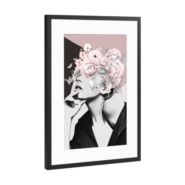 Poster mit Rahmen Schwarz (Metallic) "Frau Blume Rosa" artboxONE - Natur,Abstrakt,Menschen - Frau,Frau blume,Blume,Pflanze,Gesicht,Rose,Rosa,Mädchen
