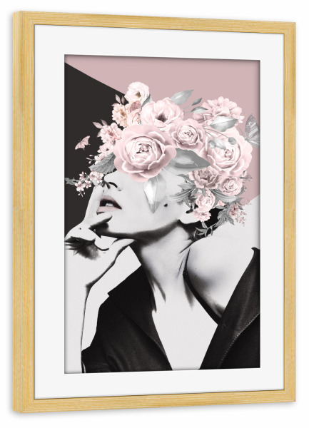 Poster mit Rahmen kiefer "Frau Blume Rosa" artboxONE - Natur,Abstrakt,Menschen - Frau,Frau blume,Blume,Pflanze,Gesicht,Rose,Rosa,Mädchen