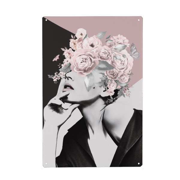 Metall Poster "Frau Blume Rosa" artboxONE - Natur,Abstrakt,Menschen - Frau,Frau blume,Blume,Pflanze,Gesicht,Rose,Rosa,Mädchen - Blechschild