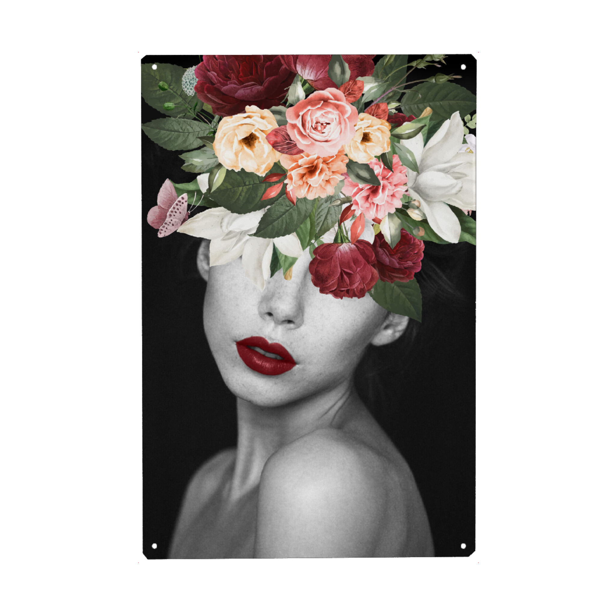 Metall Poster "Frau Blume Rose" artboxONE - Natur,Abstrakt,Menschen - Frau,Frau blume,Pflanze,Blatt,Grün,Rot,Liebe,Mädchen - Blechschild