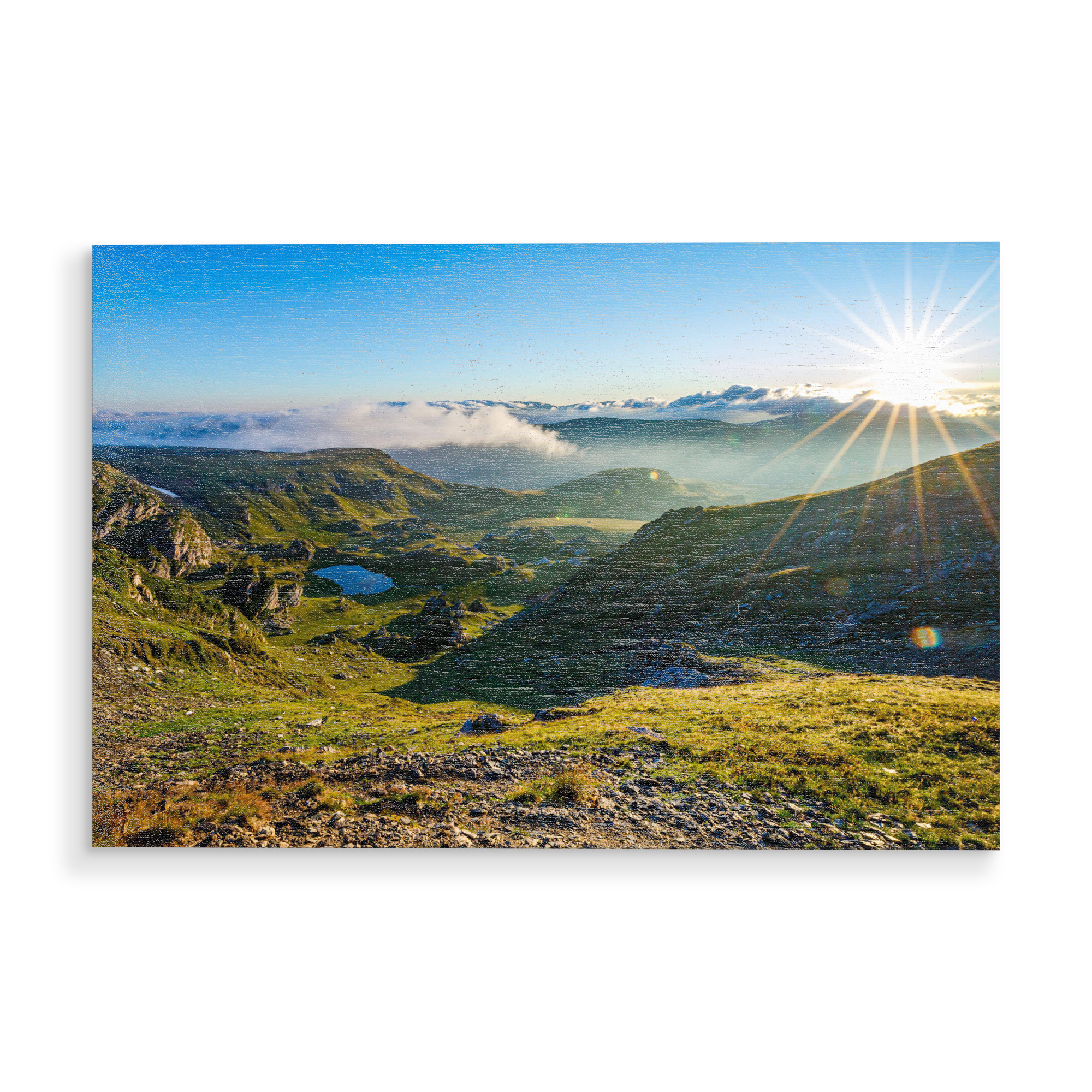 Holzbild "Sonnenaufgang in den Karpaten" artboxONE - Natur - Rumänien,Karpaten,Landschaft,Natur,Transfaragasan,Transalpina,Berge,Sonnenaufgang