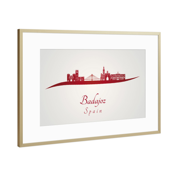 Poster mit Rahmen Gold "Badajoz-Skyline in Rot" artboxONE - Städte - Skyline,Stadt,Denkmäler,Metropole,Reise,Tourismus,Geschenk,Souvenir,Rot