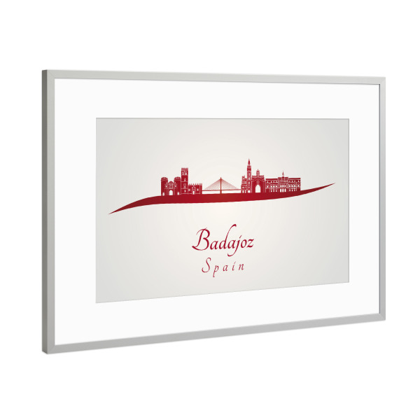 Poster mit Rahmen Silber "Badajoz-Skyline in Rot" artboxONE - Städte - Skyline,Stadt,Denkmäler,Metropole,Reise,Tourismus,Geschenk,Souvenir,Rot