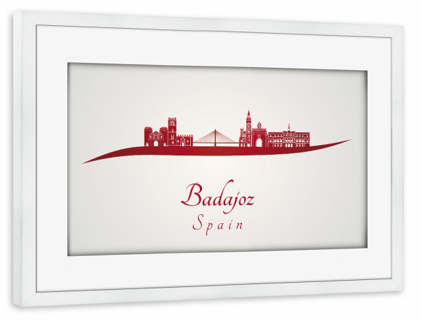 Poster mit Rahmen weiß "Badajoz-Skyline in Rot" artboxONE - Städte - Skyline,Stadt,Denkmäler,Metropole,Reise,Tourismus,Geschenk,Souvenir,Rot