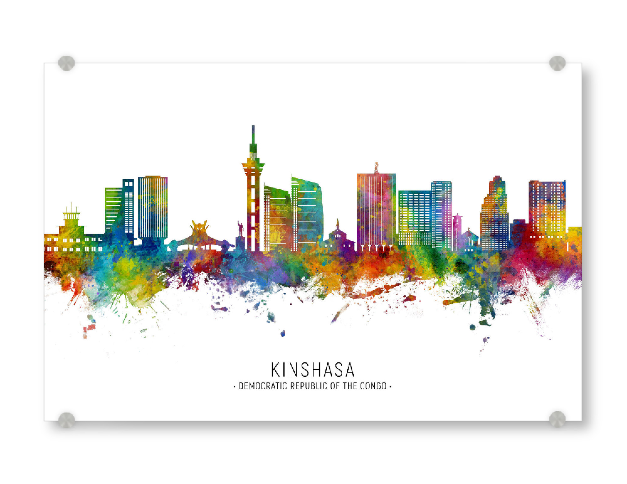 Acrylglasbild "Kinshasa DCR Skyline txt" artboxONE - Städte - Kinshasa,Demokratische republik kongo,Skyline,Stadtbild,Stadtbild,Aquarell,Malerei,Kongo