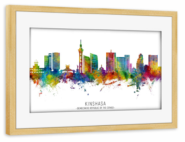 Poster mit Rahmen kiefer "Kinshasa DCR Skyline txt" artboxONE - Städte