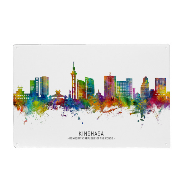 Metall Poster "Kinshasa DCR Skyline txt" artboxONE - Städte - Kinshasa,Demokratische republik kongo,Skyline,Stadtbild,Stadtbild,Aquarell,Malerei,Kongo