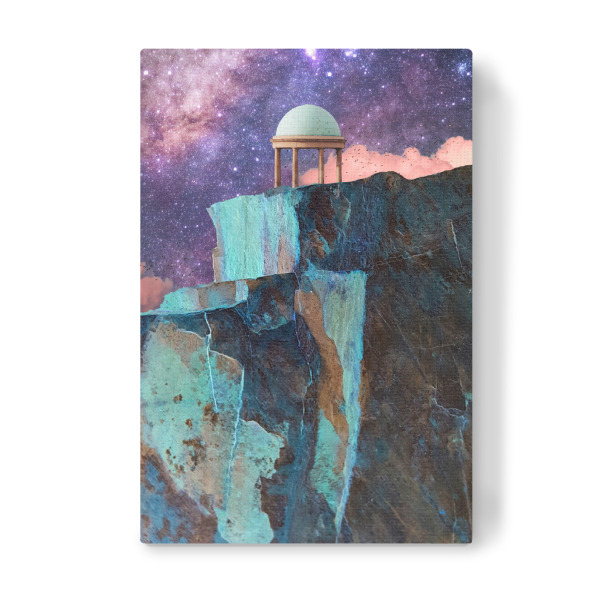 Leinwandbild "Tempelberg" artboxONE - Galaxy - Tempel,Berg,Galaxie,Sternenhimmel,Sterne,Wolken,Rosa,Türkis,Lila