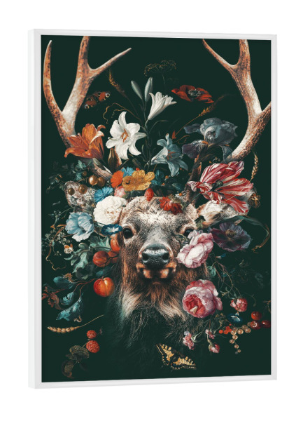 Poster mit weißem Rahmen "Blumen Hirsch" artboxONE - Floral,Tiere - Blumen,Hirsche,Geweihe,Elche,Blumenstrauß
