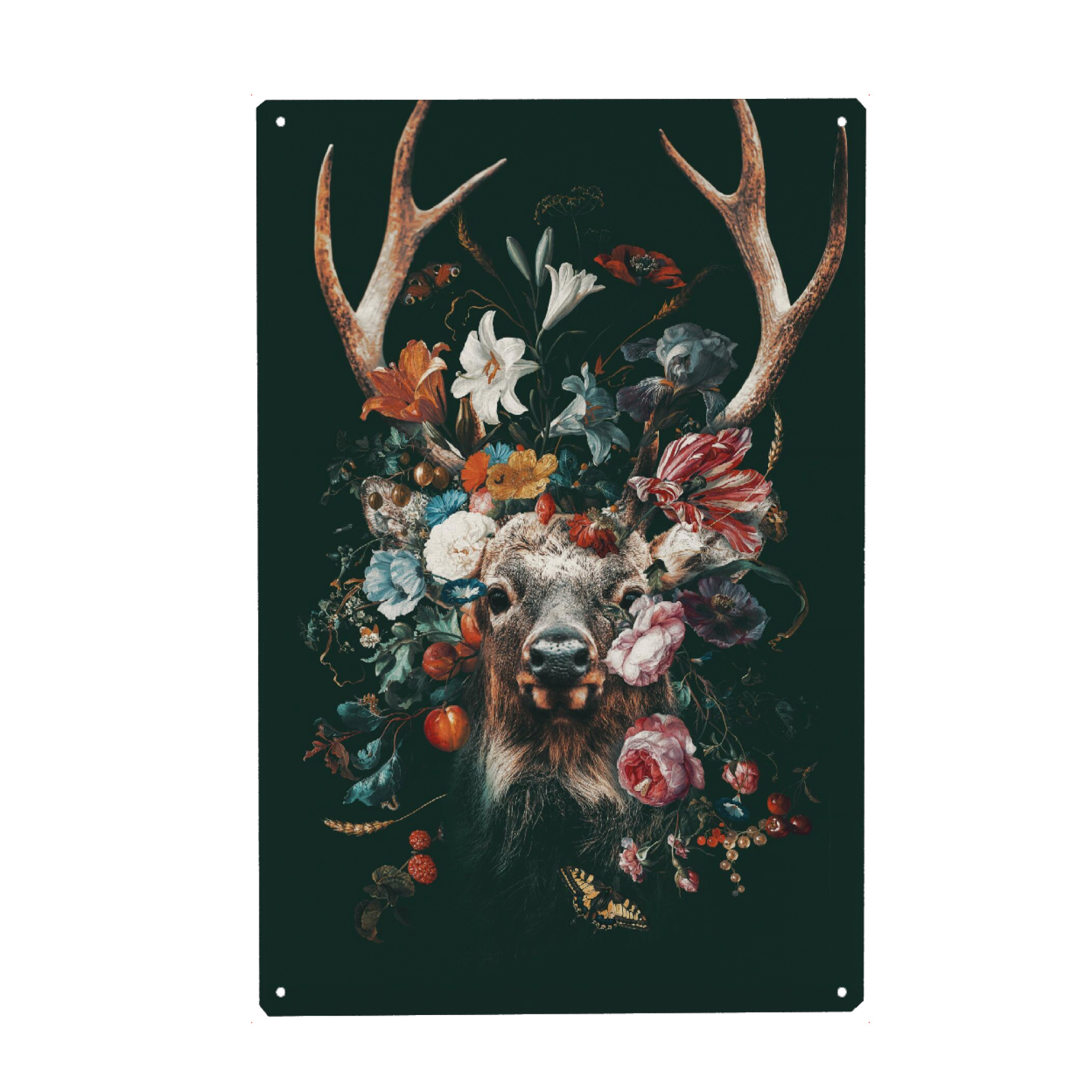 Metall Poster "Blumen Hirsch" artboxONE - Floral,Tiere - Blumen,Hirsche,Geweihe,Elche,Blumenstrauß - Blechschild