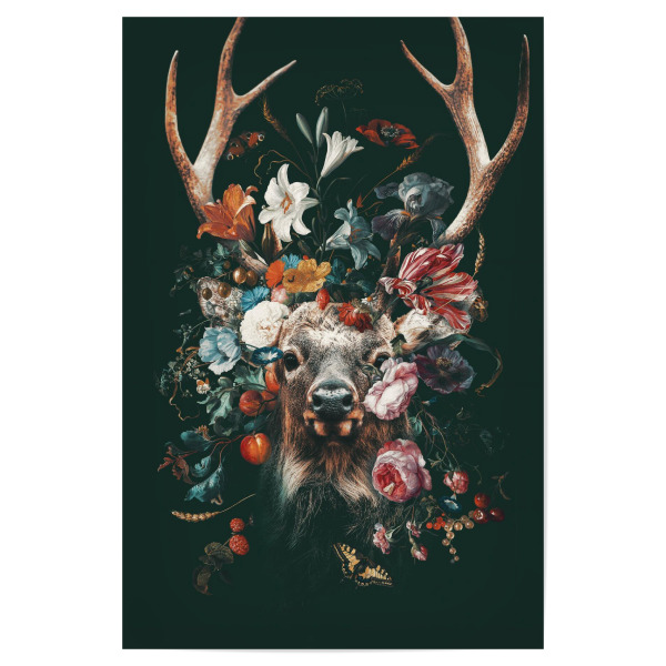 Poster "Blumen Hirsch" artboxONE - Floral,Tiere - Blumen,Hirsche,Geweihe,Elche,Blumenstrauß