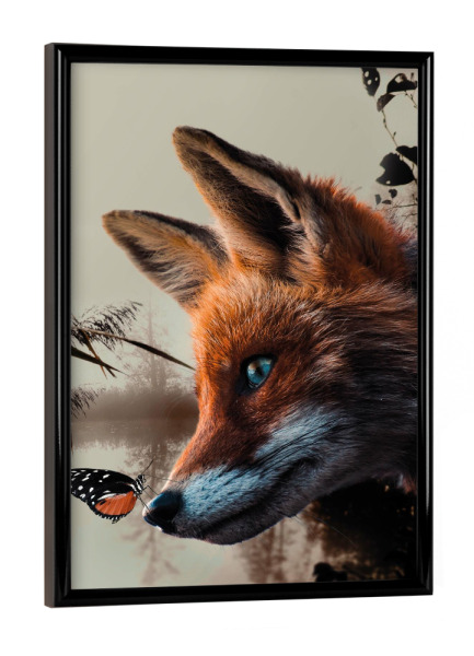 Poster mit schwarzem Rahmen "Fuchs mit Schmetterling" artboxONE - Natur,Tiere - Fuchs,Fuchskopf,Schmetterling,Fuchs in der natur,Tier,Natur