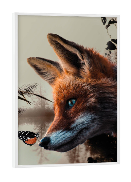Poster mit weißem Rahmen "Fuchs mit Schmetterling" artboxONE - Natur,Tiere - Fuchs,Fuchskopf,Schmetterling,Fuchs in der natur,Tier,Natur