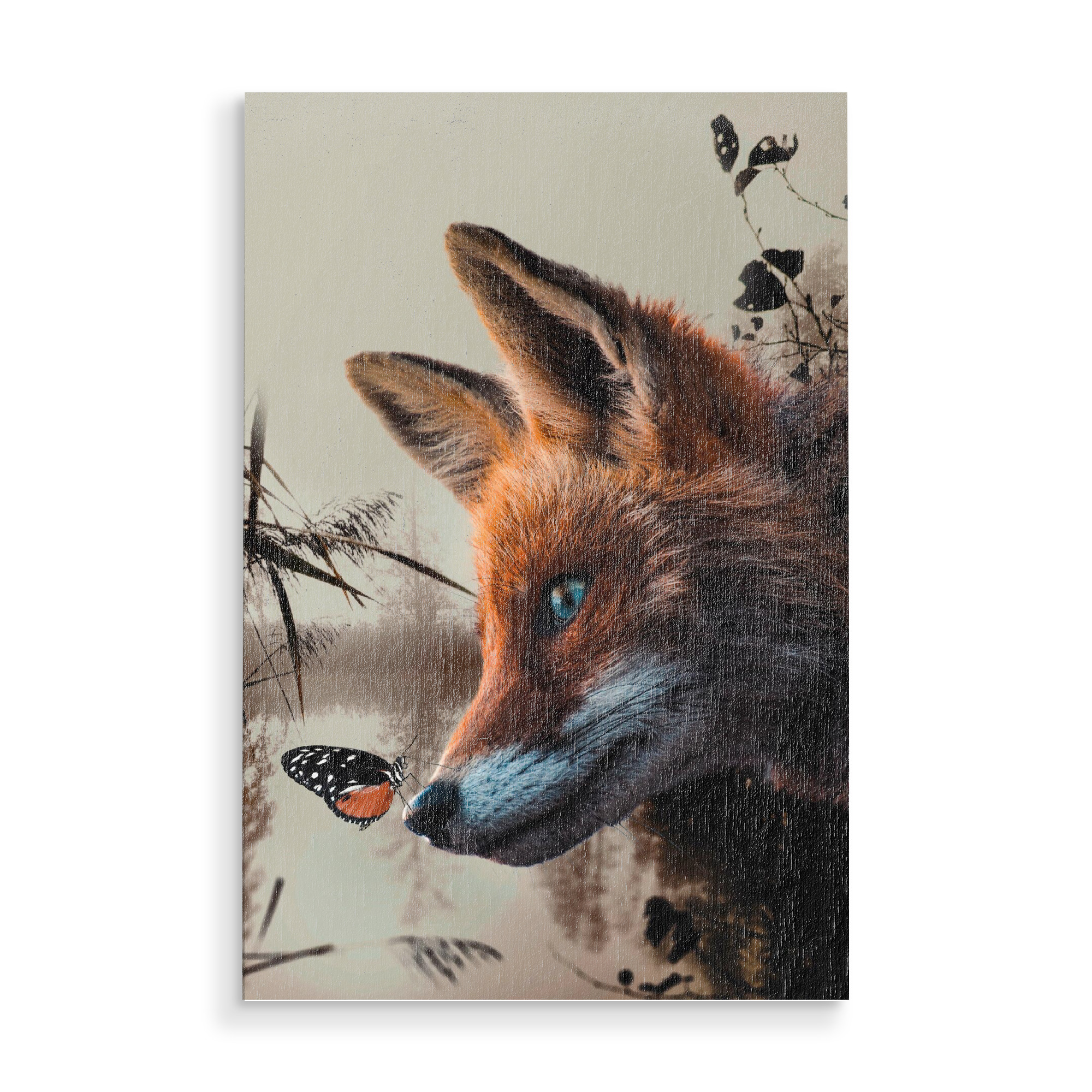 Holzbild "Fuchs mit Schmetterling" artboxONE - Natur,Tiere - Fuchs,Fuchskopf,Schmetterling,Fuchs in der natur,Tier,Natur