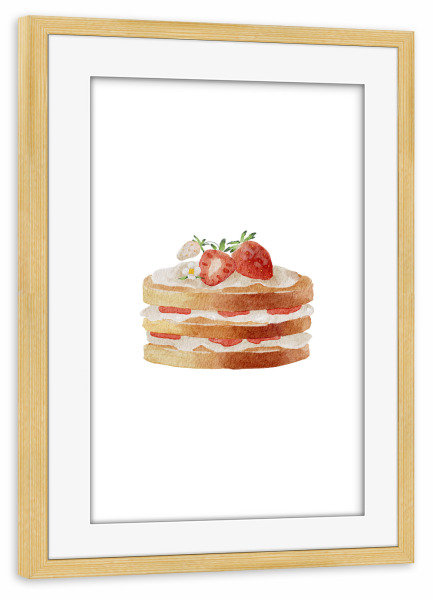 Poster mit Rahmen kiefer "Kuchen mit Erdbeeren" artboxONE - Essen & Trinken - Erdbeere,Kuchen,Essen,Dessert,Süß,Erdbeerkuchen,Kunst,Obst,Aquarell