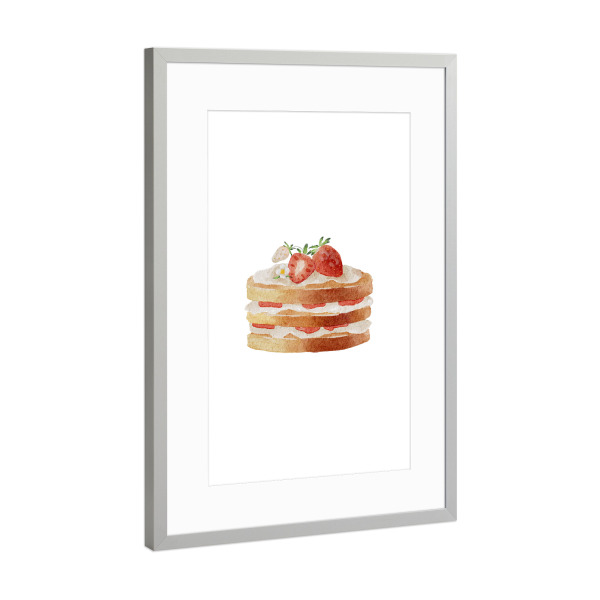 Poster mit Rahmen Silber "Kuchen mit Erdbeeren" artboxONE - Essen & Trinken - Erdbeere,Kuchen,Essen,Dessert,Süß,Erdbeerkuchen,Kunst,Obst,Aquarell