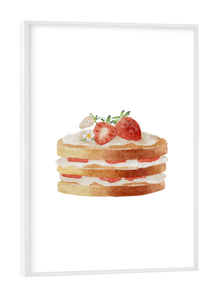 Poster mit weißem Rahmen "Kuchen mit Erdbeeren" artboxONE - Essen & Trinken - Erdbeere,Kuchen,Essen,Dessert,Süß,Erdbeerkuchen,Kunst,Obst,Aquarell