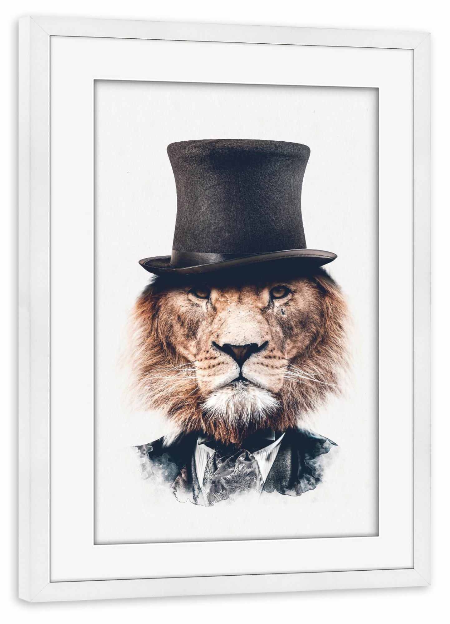 Poster mit Rahmen weiß "Edles Löwenlicht" artboxONE - Tiere - Löwe,Löwe mit hut,Tier mit kleidung,Löwe mit kleidung,Zylinder,Hut,Große katze,Tier