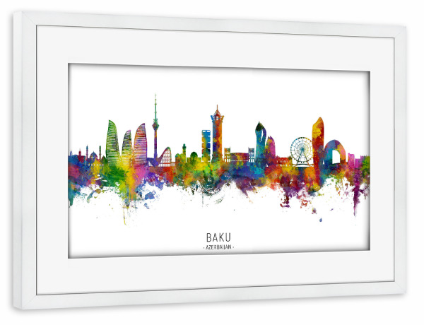 Poster mit Rahmen weiß "Baku Aserbaidschan Skyline txt" artboxONE - Städte - Baku,Aserbaidschan,Skyline,Stadtbild,Stadtbild,Aquarell,Malerei