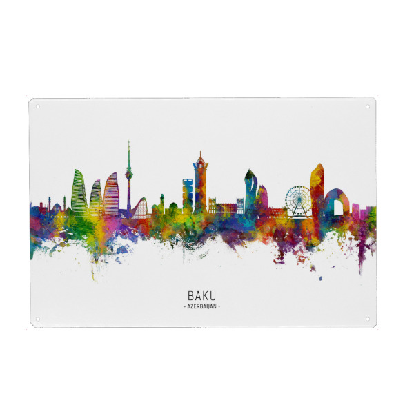 Metall Poster "Baku Aserbaidschan Skyline txt" artboxONE - Städte - Baku,Aserbaidschan,Skyline,Stadtbild,Stadtbild,Aquarell,Malerei - Blechschild