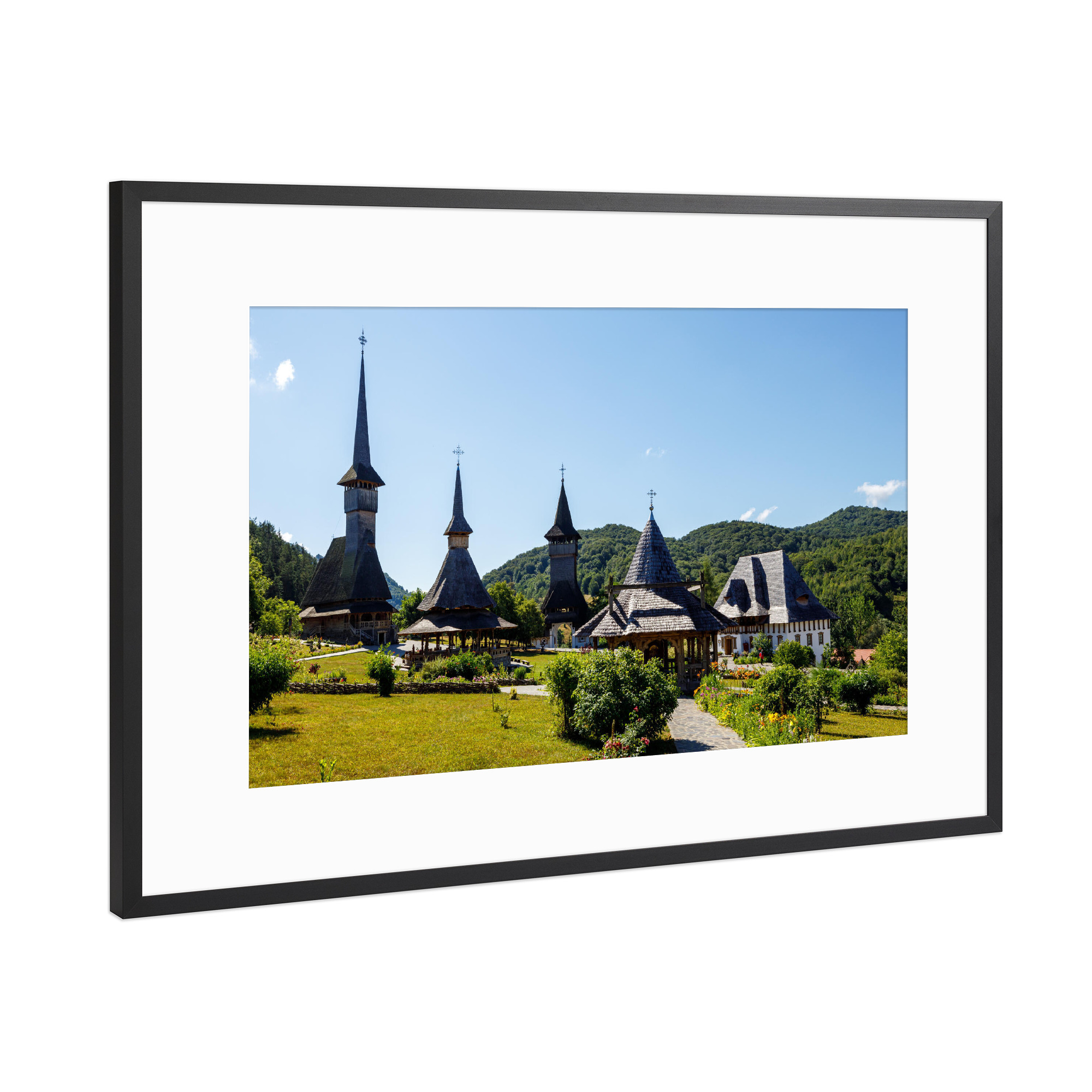 Poster mit Rahmen Schwarz (Metallic) "Das Kloster Barsana in Rumänien" artboxONE - Architektur