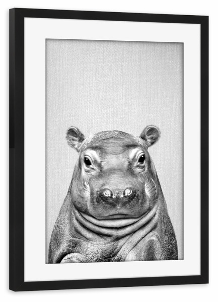 Poster mit Rahmen schwarz "Baby-Flusspferd - Schwarz & Weiß" artboxONE - Natur,Reise,Für Kinder,Tiere,Reise / Afrika