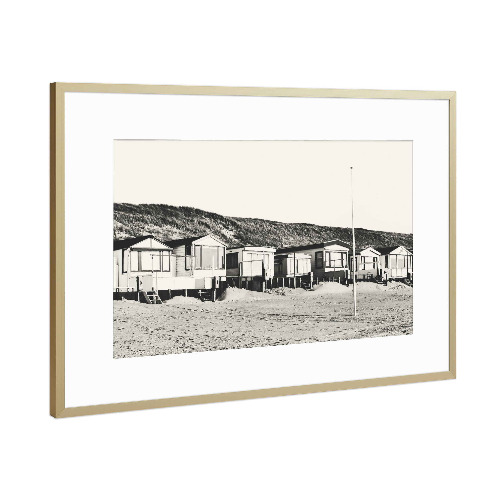 Poster mit Rahmen Gold "Beach Houses" artboxONE - Natur,Reise,Schwarzweiß,Architektur,Reise / Strand und Meer