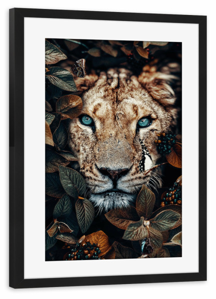 Poster mit Rahmen schwarz "Dschungellöwin" artboxONE - Natur,Floral,Tiere - Löwin,Löwenkopf,Dschungel,Blätter,Tier,Katze