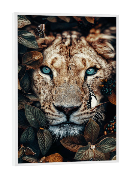Poster mit weißem Rahmen "Dschungellöwin" artboxONE - Natur,Floral,Tiere - Löwin,Löwenkopf,Dschungel,Blätter,Tier,Katze