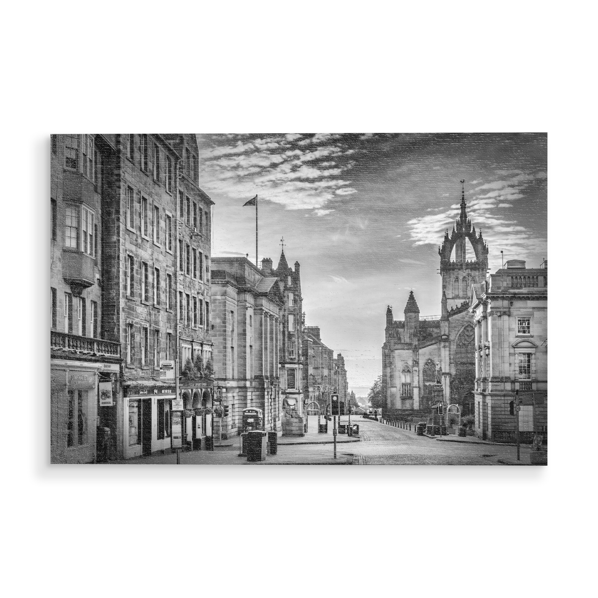 Holzbild "Royal Mile in Edinburgh am Morgen" artboxONE - Städte,Schwarzweiß,Architektur