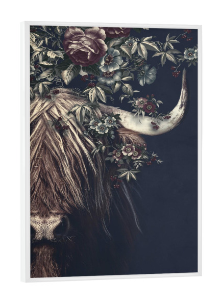 Poster mit weißem Rahmen "Hochlandkuh mit Blumen" artboxONE - Natur,Floral,Tiere
