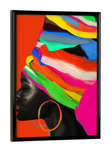 Poster mit schwarzem Rahmen "Frauen-roter bunter Turban" artboxONE - Abstrakt,Menschen - Bunt,Farben,Farbe,Turban,Abstrakt,Gesicht,Mädchen,Frau