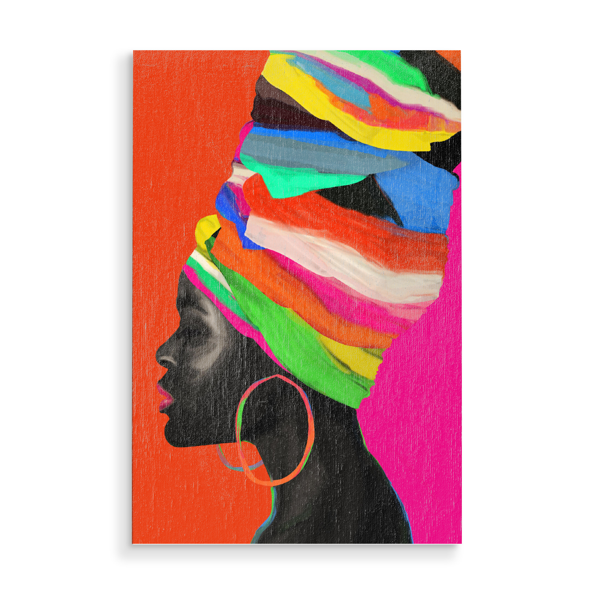 Holzbild "Frauen-roter bunter Turban" artboxONE - Abstrakt,Menschen - Bunt,Farben,Farbe,Turban,Abstrakt,Gesicht,Mädchen,Frau